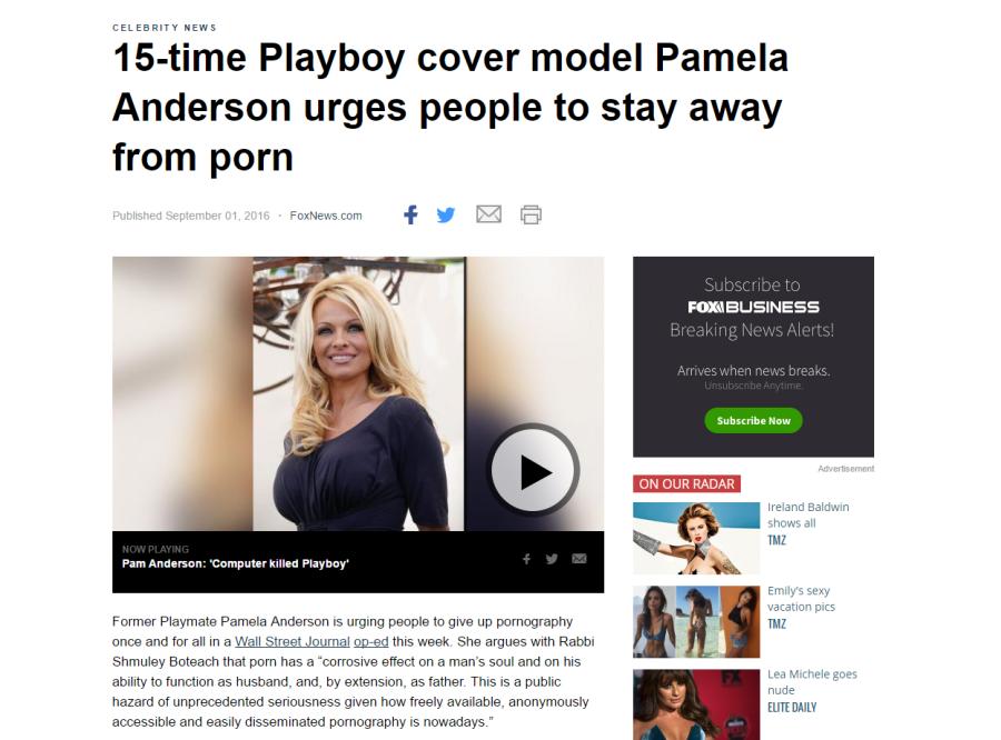 Pamela Anderson warnt Menschen vor den Folgen der Pornografie (ScreenShot foxnews.com vom 12. September 2016)
